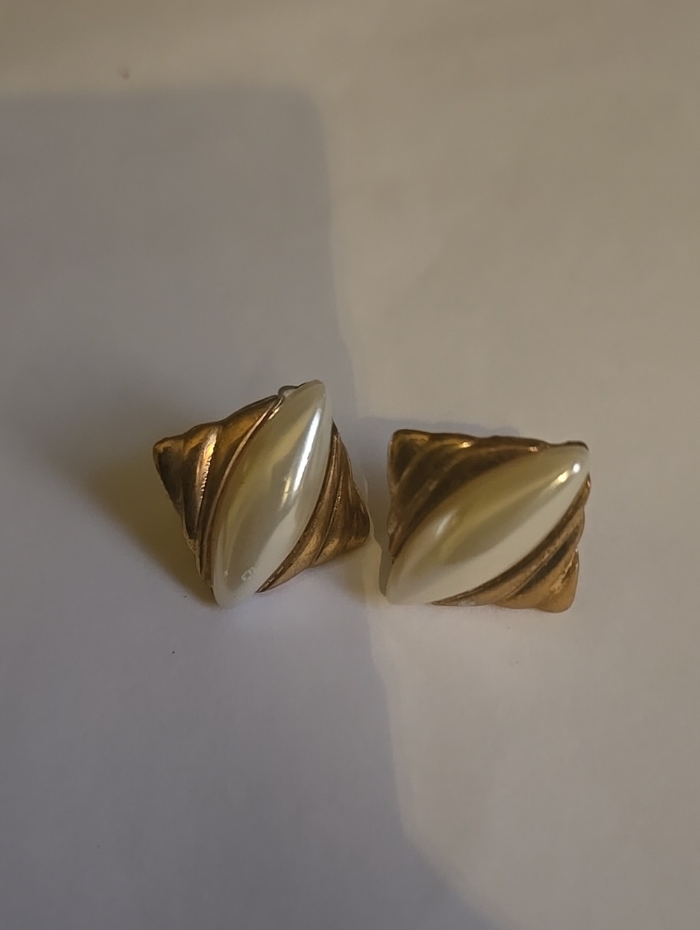 Vintage Gold and Pearl Cream Marquise Clip Earrings